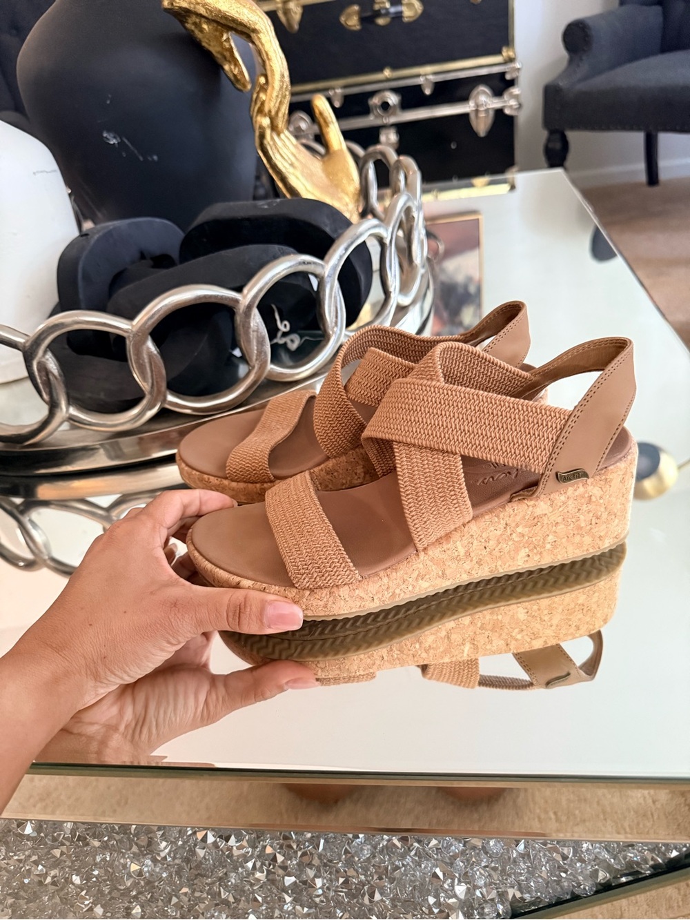 Skechers Wedge Platform Sandals in Tan
